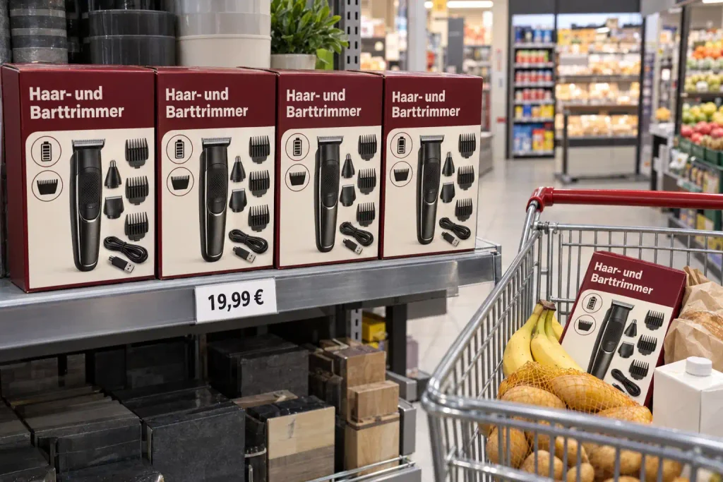 Aldi Nord Haar- und Barttrimmer in farbigen Kartons im Aktionsregal, daneben ein gefüllter Einkaufswagen