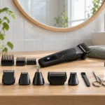 Aldi Nord Haar- und Barttrimmer mit sechs Aufsätzen und Kämmen auf einem hellen Waschtisch im Tageslicht