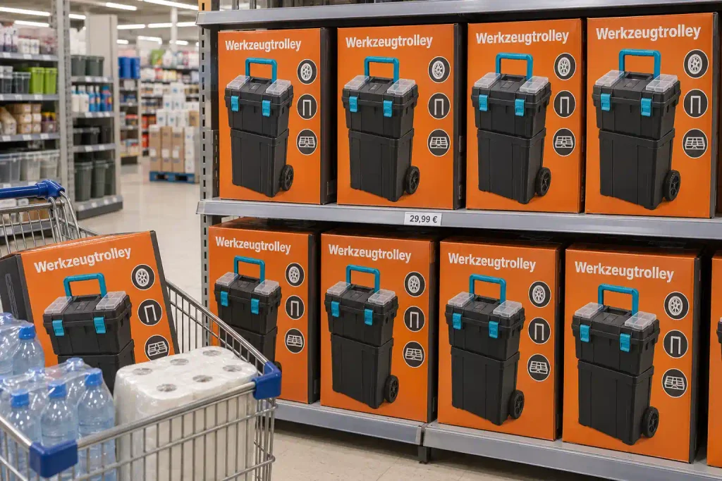 Aldi Nord Werkzeugtrolley – Kartons mit Werkzeugtrolley im Aktionsregal, daneben ein Einkaufswagen