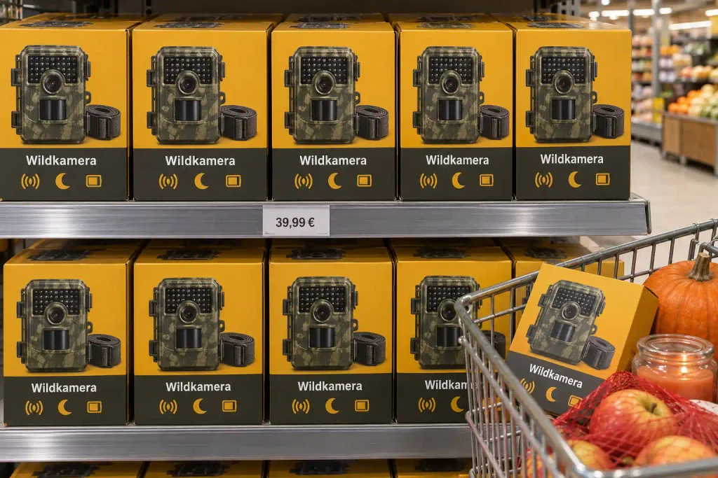 Aldi Nord Wildkamera in ockerfarbenen Kartons im Aktionsregal mit Preisschild 39,99 Euro neben einem Einkaufswagen mit Kürbis und Kerze