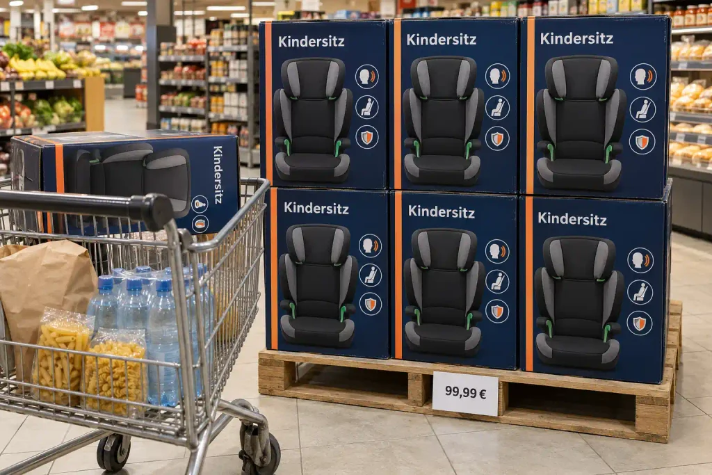 Aldi Nord Kindersitz als Aktionsware – Kartons auf einer Palette neben einem Einkaufswagen