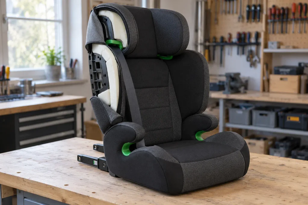 Kindersitz mit Rückenlehne, an einer Seite abgezogener Bezug mit sichtbarem Schaumstoffpolster, grüne Gurtführungen und ISOFIX-Arme