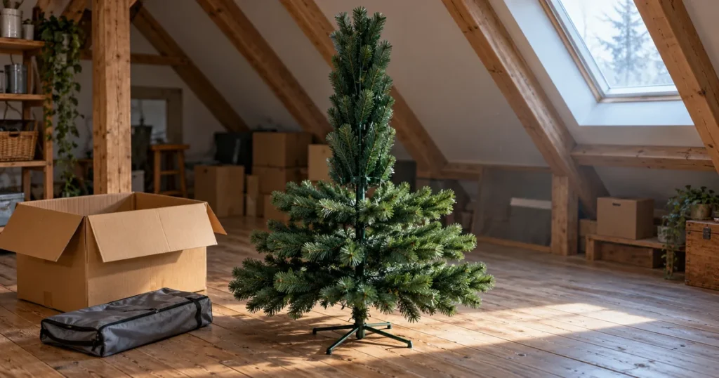 künstliche Weihnachtsbäume im Vergleich: halb aufgeklappter Kunstbaum mit Spritzguss-Zweigen auf dem Dachboden neben offenem Lagerkarton