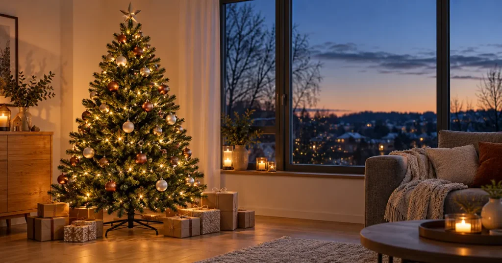 Künstliche Weihnachtsbäume im Vergleich: Kunstbaum mit warmweißen LED-Lichtern in der Wohnzimmerecke