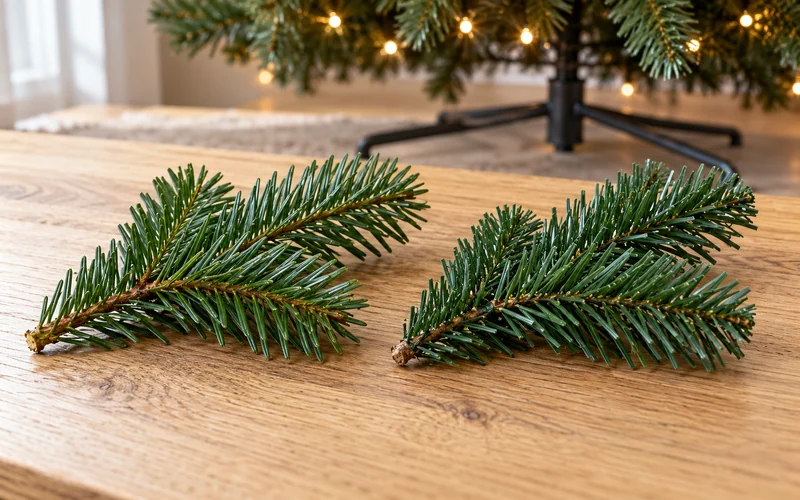 Zweig eines künstlichen Weihnachtsbaums neben einem echten Nordmanntannenzweig auf einer Holzplatte