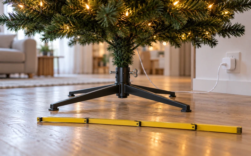 Metall-Kreuzfuß eines künstlichen Weihnachtsbaums mit Zollstock und Kabel zur Steckdose