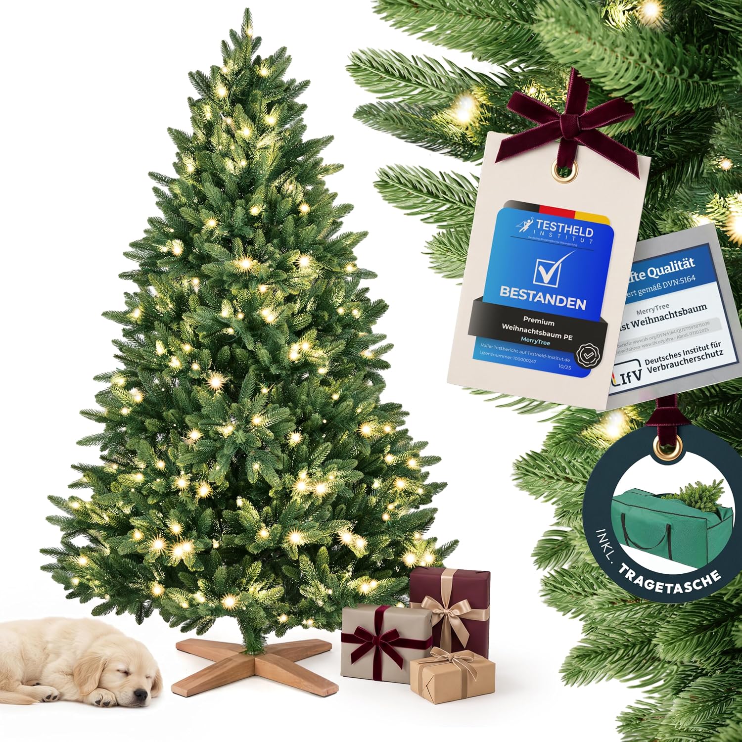 MERRY TREE vorbeleuchteter künstlicher Weihnachtsbaum mit Holzfuß