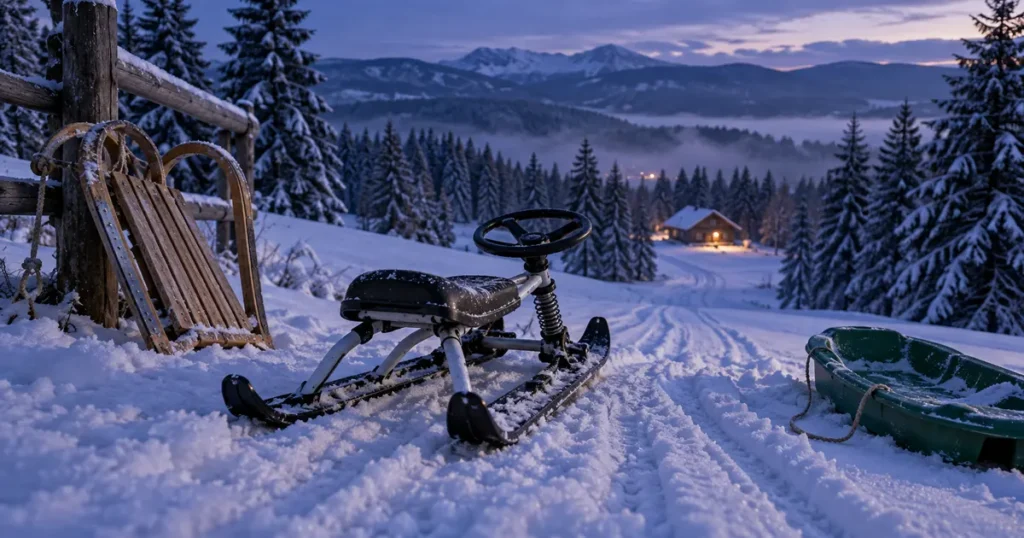Schlitten im Vergleich – Lenkschlitten, Holzrodel und Kunststoffschlitten am Rodelhang in der Abenddämmerung