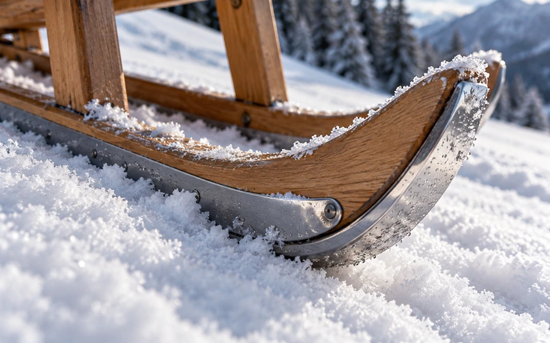 Nahaufnahme der Kufen eines klassischen Holzschlittens, die in den Schnee einsinken.