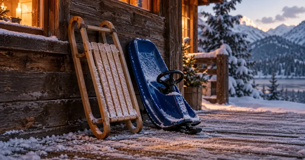 Ein klassischer Holzrodel und ein blauer Lenkbob lehnen an der Außenwand einer verschneiten Holzhütte.