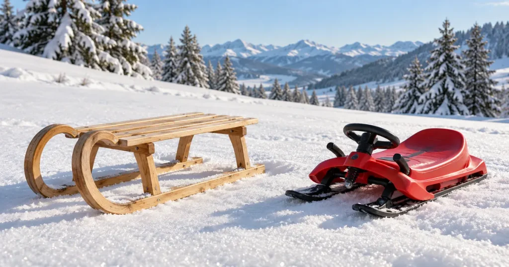 Schlitten kaufen: Ein klassischer Holzschlitten und ein moderner roter Lenkbob stehen nebeneinander im Schnee.