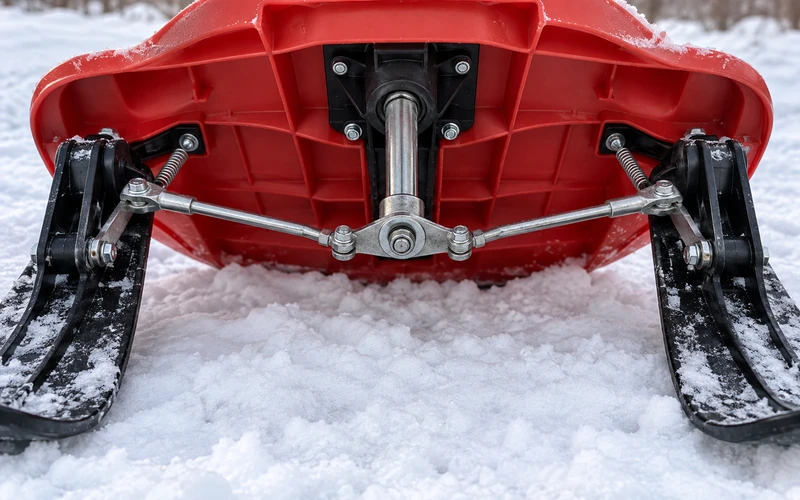Unterseite eines umgedrehten Kunststoff-Lenkbobs mit sichtbarem Metall-Lenkgestänge im Schnee.
