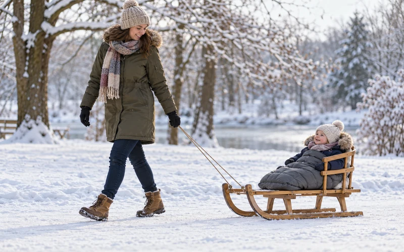 Ein Kleinkind wird von einem Erwachsenen auf einem Holzschlitten mit Rückenlehne durch den Schnee gezogen.