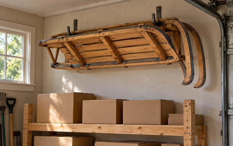 Ein klassischer Holzschlitten hängt an zwei Wandhaken in einer aufgeräumten Garage.