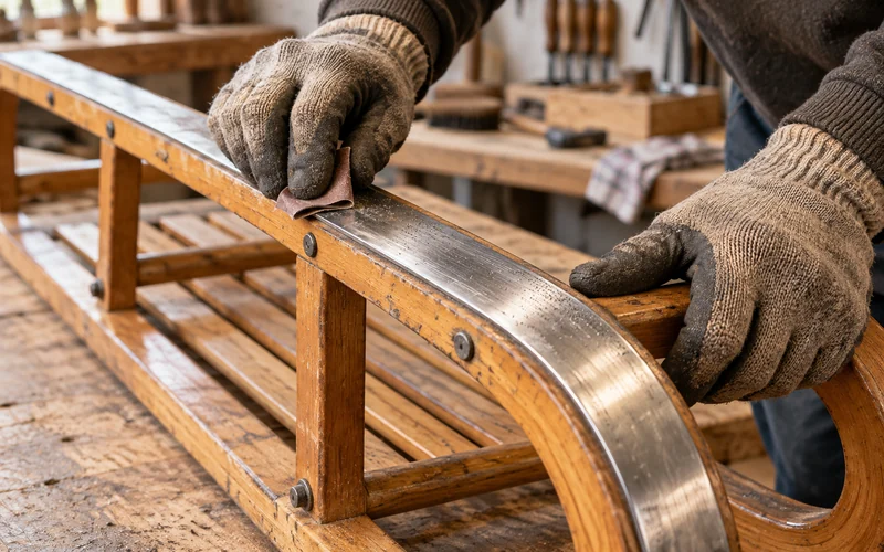 Nahaufnahme einer Hand, die die Metallkufe eines umgedrehten Holzschlittens mit Schmirgelpapier reinigt.