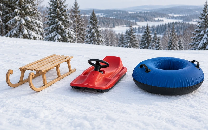 Ein Holzrodel, ein roter Lenkbob und eine blaue Snowtube liegen nebeneinander im Schnee.