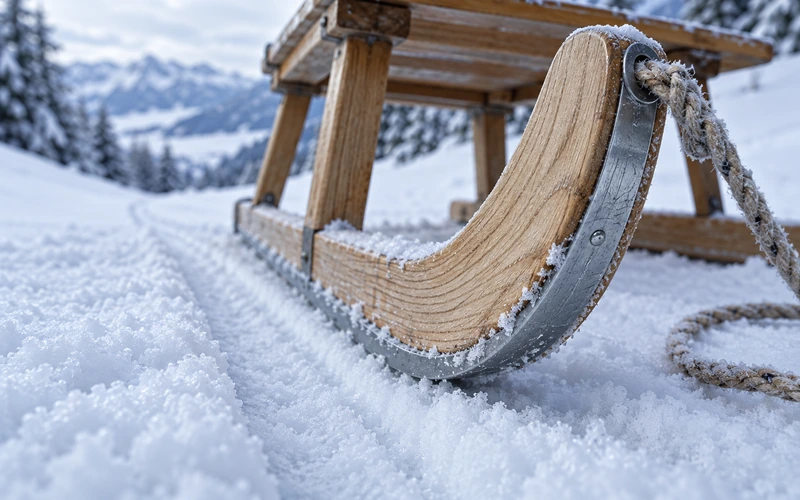 Nahaufnahme einer Stahlkufe und eines Kufenträgers aus Eschenholz am Holzschlitten mit schmaler Gleitspur im Schnee