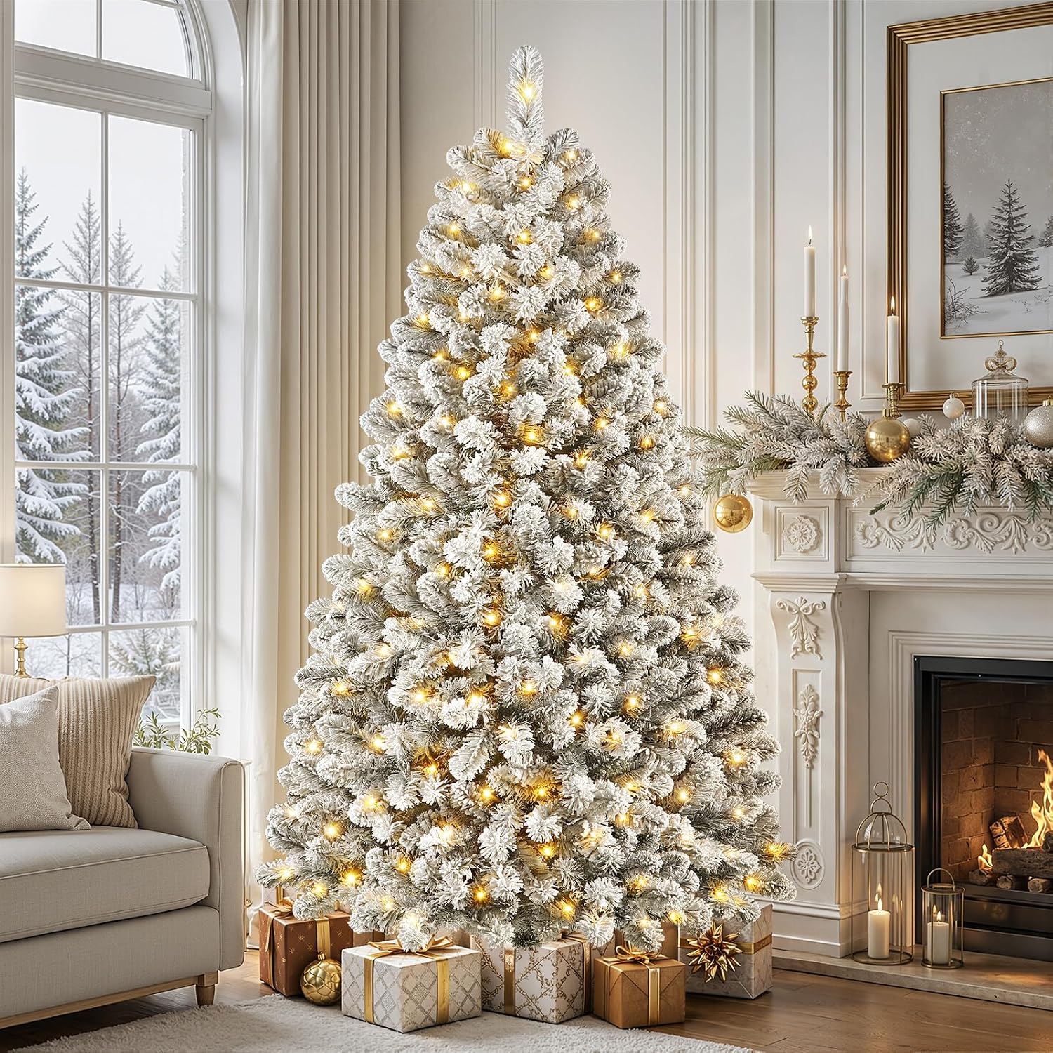 SHareconn künstlicher Weihnachtsbaum mit Kunstschnee und LED-Beleuchtung
