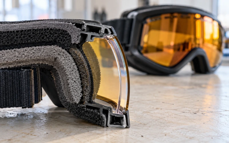 Schnittmodell einer Skibrille mit Doppelscheibe, Luftpolster, Schaumstoffrand und Belüftungsöffnungen im Querschnitt