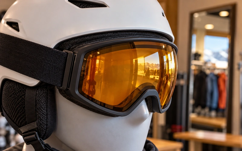 Nahaufnahme eines Anprobekopfs mit Skihelm und aufgesetzter Skibrille, Übergang von Helmkante zu Brillenrand und Nasenausschnitt