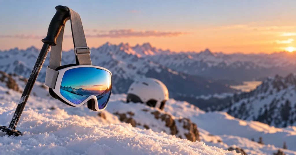 Skibrille kaufen – blau verspiegelte Skibrille am Skistockgriff vor verschneitem Bergkamm im Abendlicht