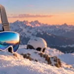 Skibrille kaufen – blau verspiegelte Skibrille am Skistockgriff vor verschneitem Bergkamm im Abendlicht