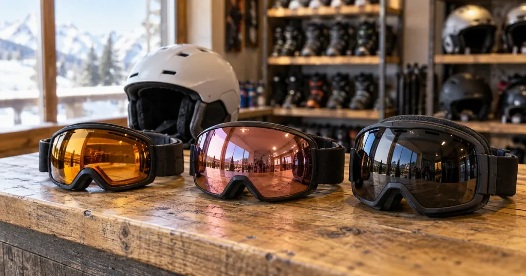 Skibrille kaufen: drei Modelle mit unterschiedlichen Scheibenfarben und Rahmengrößen auf dem Holztresen eines Skiverleihs neben einem Skihelm