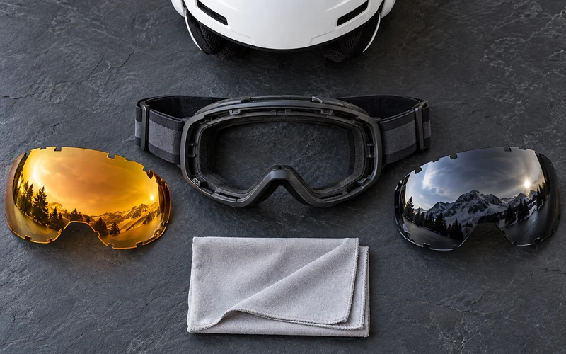 Skibrille mit abgenommener Wechselscheibe, zwei Ersatzscheiben in verschiedenen Tönungen und Skihelm in der Draufsicht