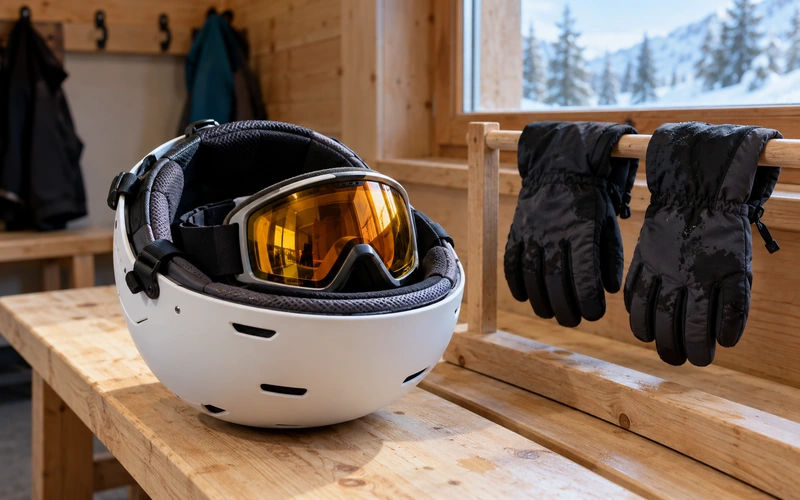 Skibrille in einem Skihelm auf einer Holzbank im Skiraum, daneben nasse Handschuhe zum Trocknen
