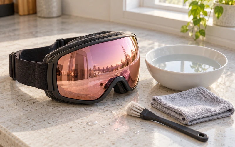 Skibrille mit Schaumstoffrand neben einer Schale mit lauwarmem Wasser, Mikrofasertuch und weichem Pinsel auf heller Arbeitsplatte