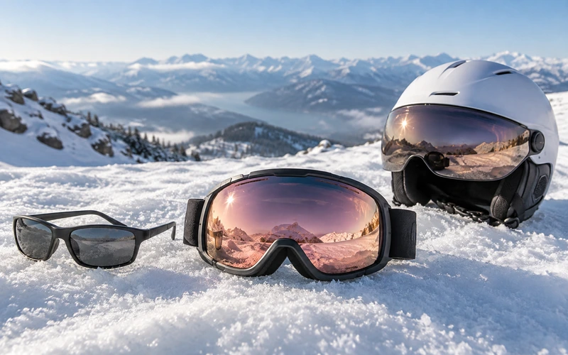 Skibrille, Sportsonnenbrille und Skihelm mit Visier nebeneinander auf einer verschneiten Fläche im Vergleich