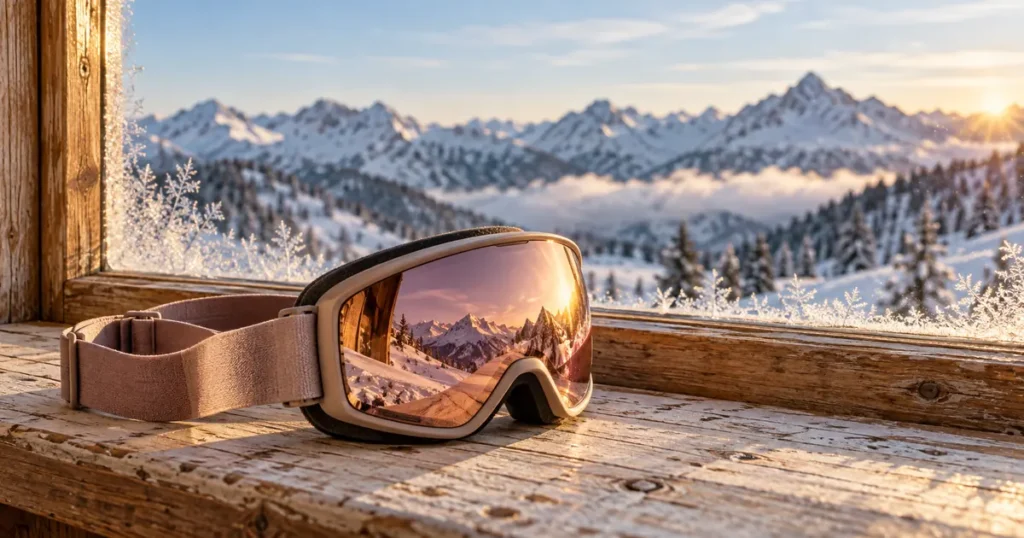 Skibrille mit rosé verspiegelter Scheibe auf dem Fensterbrett einer Berghütte vor verschneiten Gipfeln im Morgenlicht