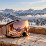 Skibrille mit rosé verspiegelter Scheibe auf dem Fensterbrett einer Berghütte vor verschneiten Gipfeln im Morgenlicht