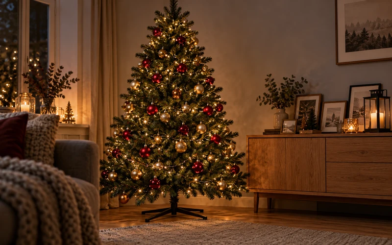 geschmückter Kunstbaum mit warmweißen Lichtern im Wohnzimmer, daneben Bilderrahmen auf einem Sideboard