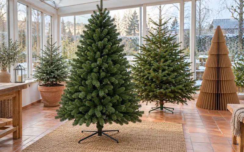 Kunstbaum neben echter Tanne, Topfbaum und Pappbaum in einem hellen Wintergarten