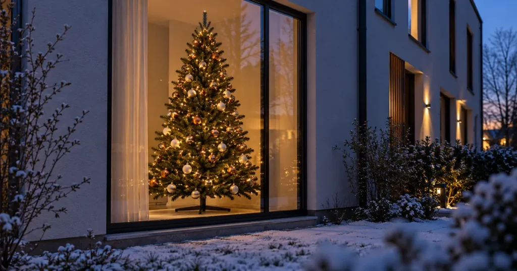 Weihnachtsbaum künstlich kaufen: geschmückter Kunstbaum mit warmen Lichtern hinter einem bodentiefen Fenster in der Dämmerung