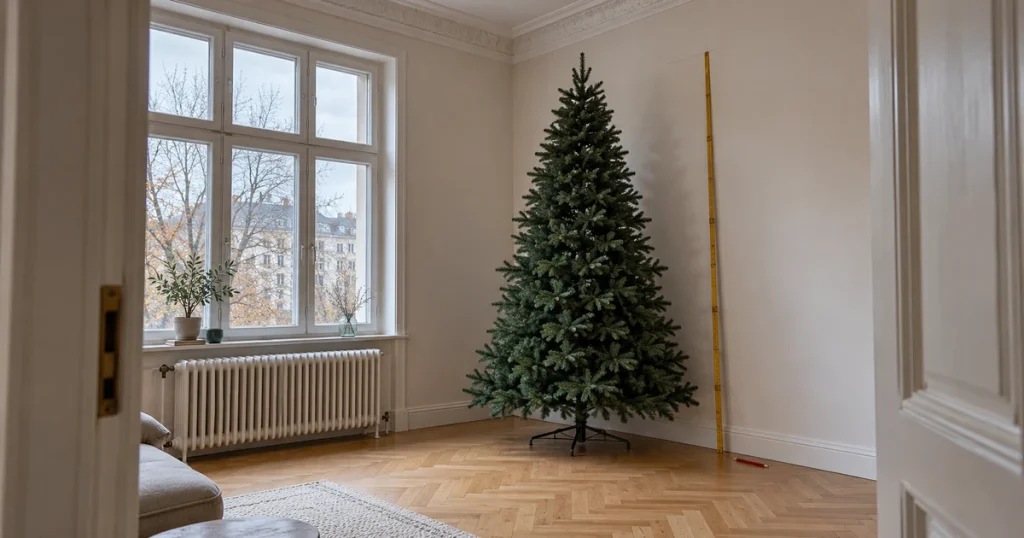 Weihnachtsbaum künstlich kaufen: Zollstock neben einem unbeschmückten Kunstbaum in einer Altbau-Zimmerecke