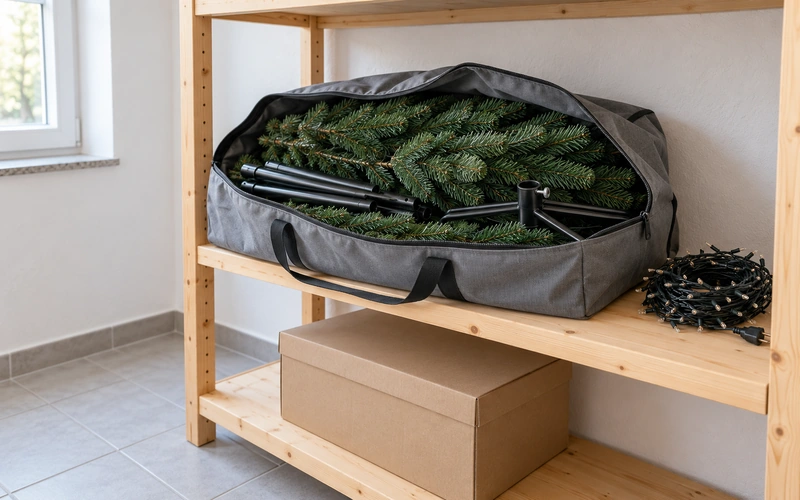 Kunstbaum-Zweige und Stammsegmente in einer geöffneten Aufbewahrungstasche auf einem Regalbrett in der Abstellkammer