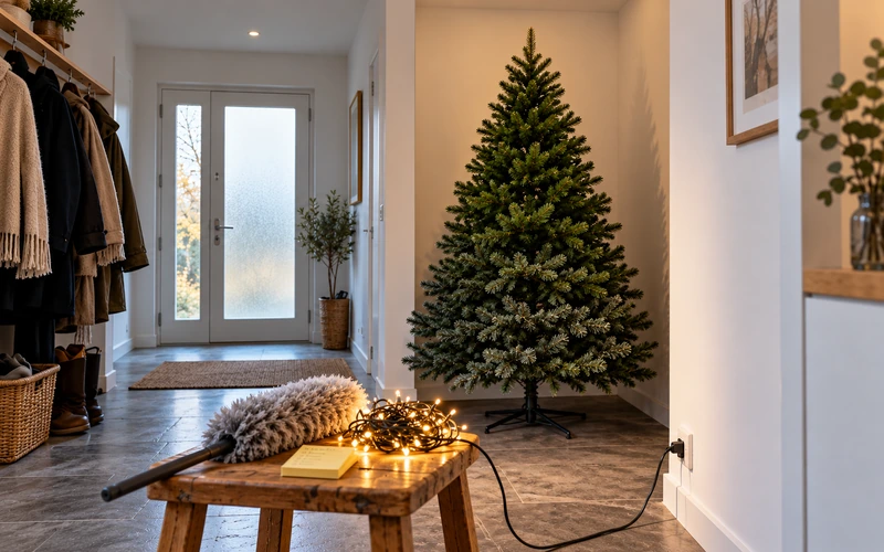 Aufgebauter Kunstbaum im Flur mit Staubwedel und leuchtender Probe-Lichterkette auf einem Schemel