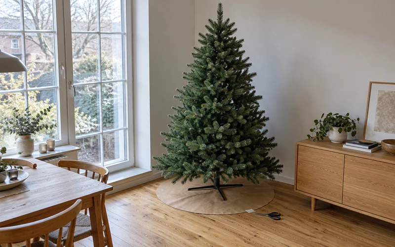 Kunstbaum in einer Esszimmerecke mit rundem Packpapier um den Ständer auf dem Dielenboden