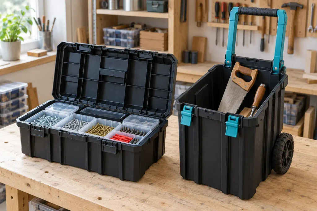 Werkzeugtrolley mit abgenommenem Oberteil und sichtbaren Verstärkungsrippen auf einer Werkbank