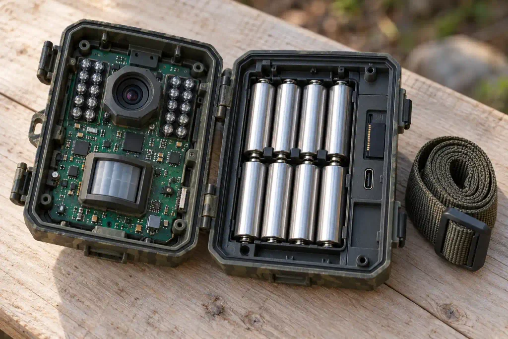 Geöffnete Wildkamera mit sichtbarer Platine, Bewegungssensor, Infrarot-LED-Feld, Batteriefach mit AA-Zellen und Speicherkartenschacht